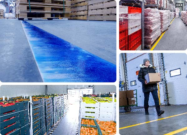 Collage de imágenes con la cinta de piso de ToughStripe Cold. Izquierda superior: acercamiento de una cinta azul en un piso de almacén congelado. Hay algo de escarcha en la cinta, pero sus bordes, adhesivo y laminación están perfectamente intactos. Derecha superior: las pilas de materiales congelados en las tarimas se seccionan en zonas marcadas con cinta amarilla. Izquierda inferior: un pasillo en un área refrigerada que contiene productos está marcada con cinta de rayas negras y blancas. Derecha inferior: una persona que lleva un abrigo y botas carga una caja y entra en un área marcada con cinta amarilla.