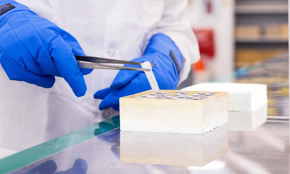 Una persona usa pinzas para tomar un vial de laboratorio congelado.