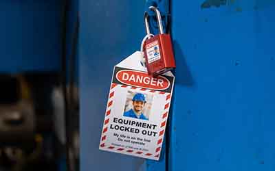 Un candado con una tarjeta de advertencia.