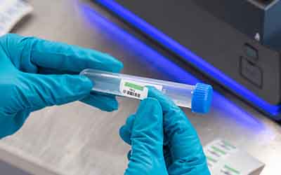 Un químico aplica una etiqueta en un vial de laboratorio.