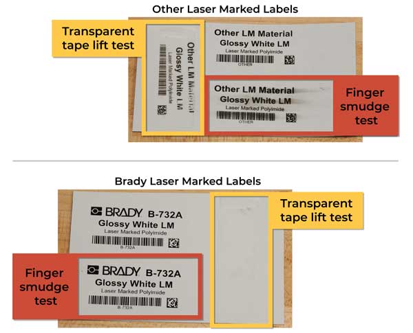Comparación de manchas y residuos entre una etiqueta Brady de marcado con láser vs una etiqueta de marcado láser de la competencia