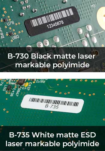 Etiquetas Brady de marcado láser en blanco y negro para aplicaciones en placas de circuitos