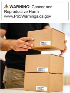 Boxes with Brady's Prop 65 labels 