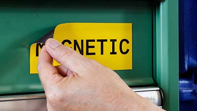 Una persona ajusta una etiqueta magnética en un estante de metal.