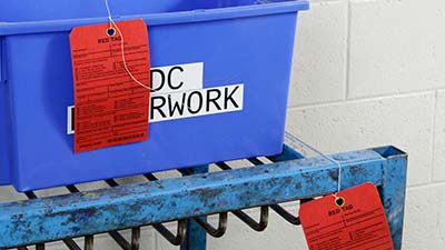 Tarjetas impresas identificando el contenido de recipientes.