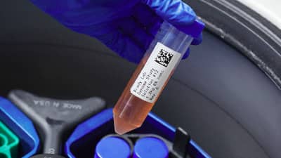 Una etiqueta en un tubo de ensayo que se inserta en una centrífuga.