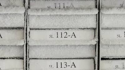 Bandejas congeladas con etiquetas mate Freezerbondz blanca recubiertas de escarcha.