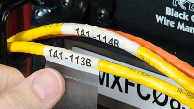 Una mano colocando una etiqueta autolaminable para cable de comunicaciones de datos en un rack de servidores.