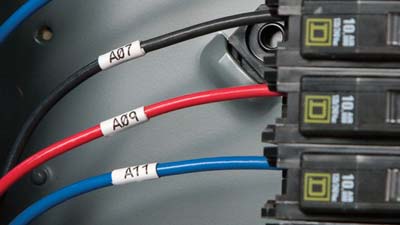 Cables negros, rojos y azules etiquetados dentro de un panel eléctrico.