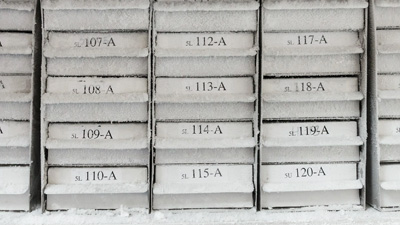 Los cajones de congelador cubiertos de escarcha están identificados de manera ordenada.