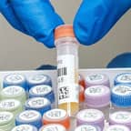 Un técnico de laboratorio sostiene un tubo de ensayo con dos etiquetas de código de barras.