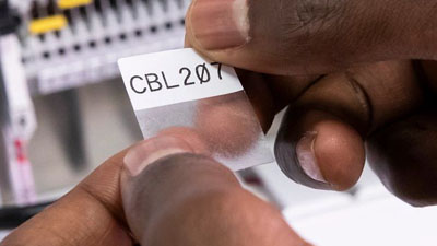 Un técnico a punto de aplicar una etiqueta de vinilo autolaminable Brady con adhesivo agresivo a un alambre o cable. El texto está impreso claramente en la sección de la etiqueta blanca y hay una sección transparente que envolverá y cubrirá el texto cuando se aplique.