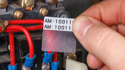 Un técnico sostiene una etiqueta envolvente de vinilo autolaminable delante de algunos componentes eléctricos. La etiqueta es blanca con texto negro y tiene una sección transparente que la envuelve cuando se aplica para protegerla.